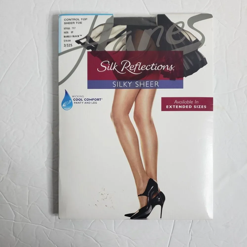 HANES Silk Reflections Control Top Barely Black Nylons Pantyhose Womens Size EF